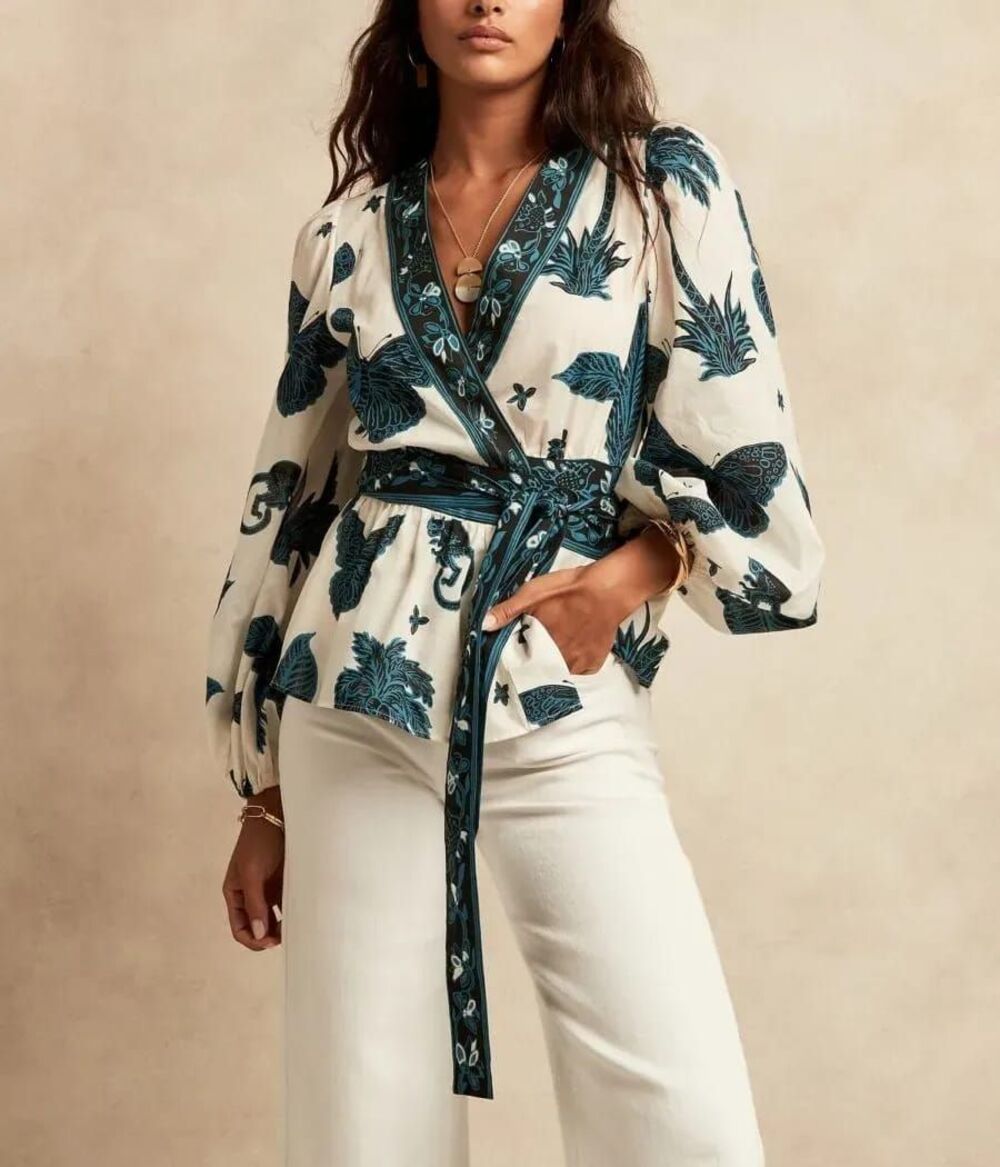 Banana Republic White Wrap Blouse with Blue Floral & Butterfly Print Size XL